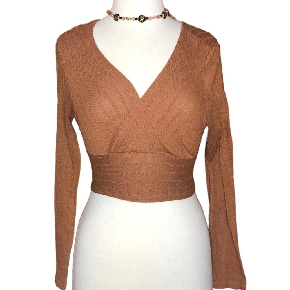SHEIN Brown Ribbed Wrap Crop Sweater Top Long Sleeve V-Neck Size Large